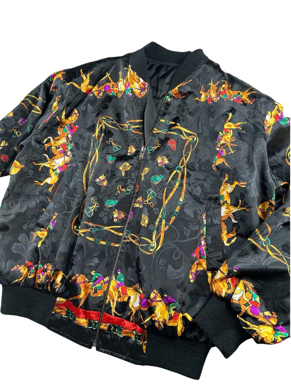 Vintage Style Equestrian Scarf Print Reversible Satin Bomber Jacket - Picture 6 of 12